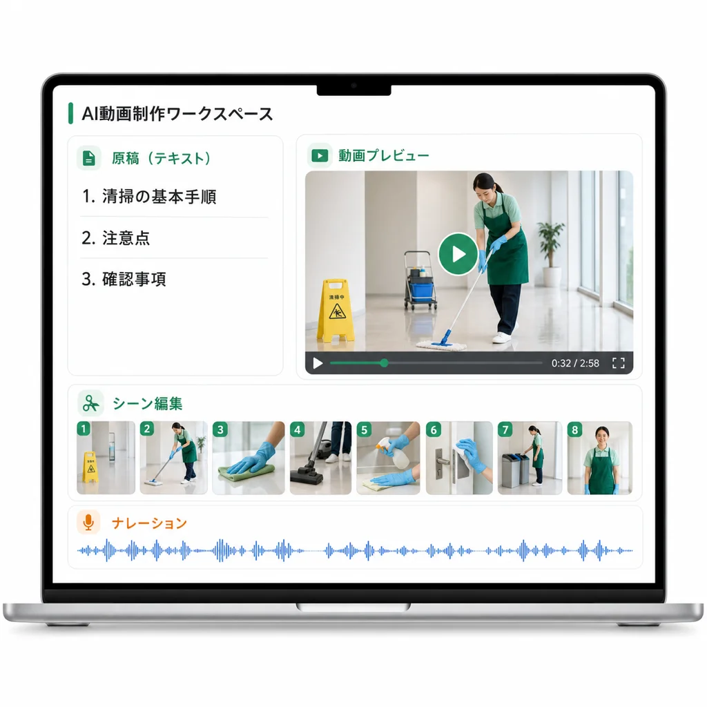 テキストからAIが動画を組み立てる制作ワークスペースの画面(サンプル)