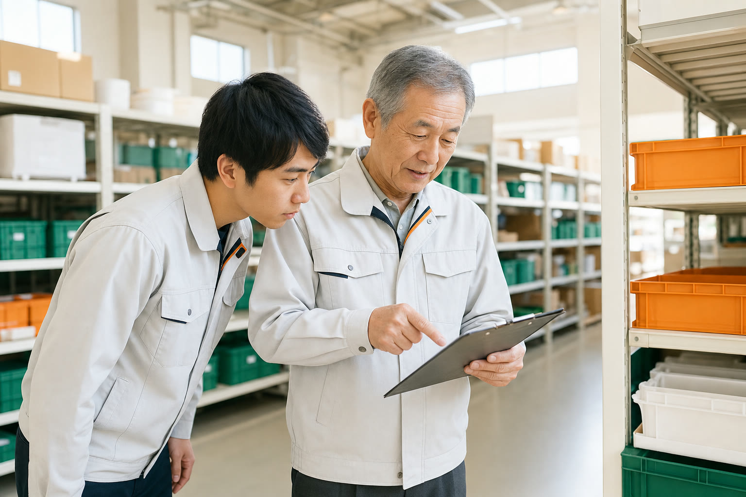 ベテランに教わりながら作業を確認する若手スタッフ